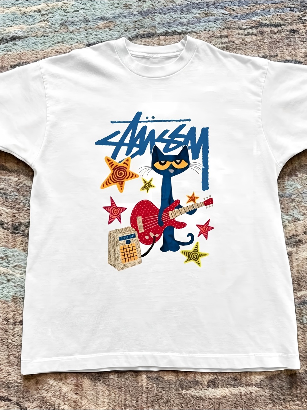 Stussy Style Rock Cat Playing Guitar Graphic Womens Mens T-shirt Unisex